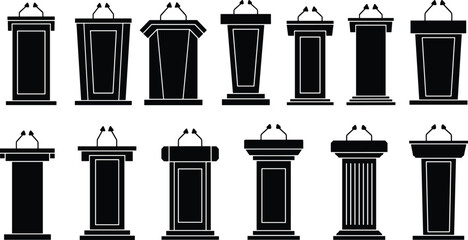Podium lectern silhouette set illustration, public speaking stands with microphones, political debate and conference stage elements, black vector icons isolated on white © Akaza