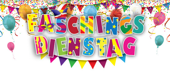Faschingsdienstag Long Header Banner mit Luftballons, Luftschlangen und Konfetti	