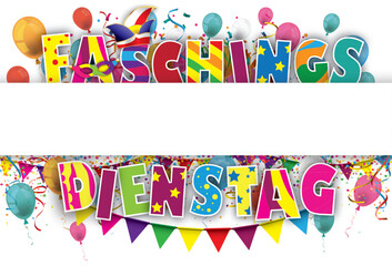 Faschingsdienstag Header Banner mit Luftballons, Luftschlangen und Konfetti	