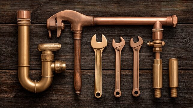 Different types of plumbing tools arranged on a wooden surface for maintenance and repair tasks in a home setting