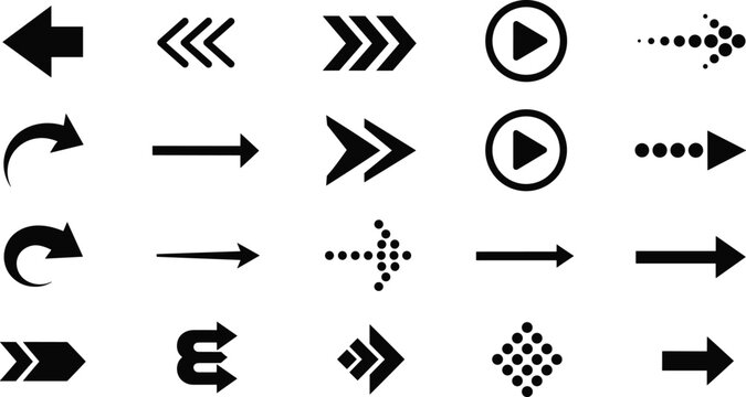 Arrow icons set showing navigation direction forward backward play rewind dotted and bold arrows for user interface controls wayfinding web design and multimedia navigation systems