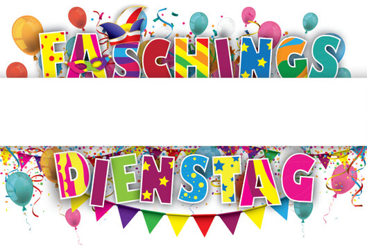 Faschingsdienstag Header Banner mit Luftballons, Luftschlangen und Konfetti	