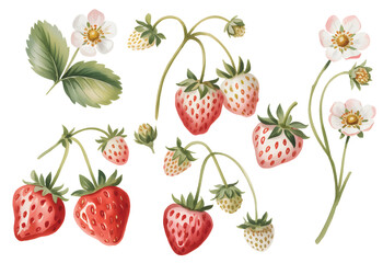 Botanical strawberry branch with berries and leaves in gentle watercolor. © Sadhana