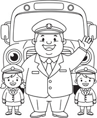 A friendly bus driver and two happy children in uniform ready for an exciting journey