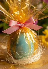 Beautifully decorated Easter egg wrapped in clear cellophane with a pink ribbon bow, nestled in straw for a festive presentation