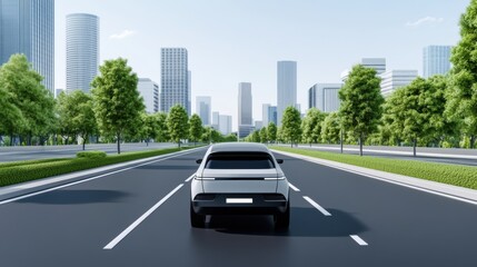 Obraz premium Futuristic Electric Car Driving on Urban Highway Surrounded by Skyscrapers