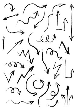 Chalk-style hand-drawn black arrows collection with wavy, zigzag, curved, looped, and straight designs. High-res PNG, sketch texture, infographics, presentations, creative, business, UI, design