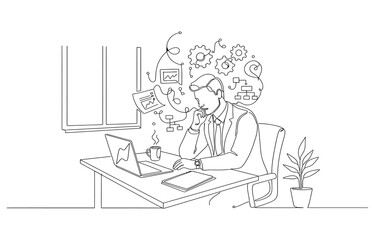 Businessman thinking about project at workplace thoughtful. 