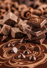 Artful Arrangement of Premium Chocolate Varieties Including Stacked Bars, Smooth Swirls, and Tempting Morsels, A Feast for the Senses