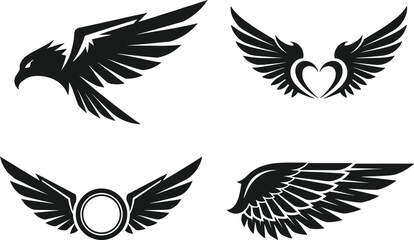 Obraz premium Wing emblem silhouettes set featuring eagle angel and heart wing symbols in black style for logos tattoos badges apparel branding and modern graphic design projects