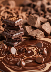 Decadent Stack of Gourmet Dark Chocolate Squares Artfully Presented in a Swirl of Melted Cocoa and Caramel, Adorned with Tempting Chips and Rustic Shavings