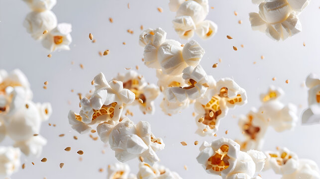 Dynamic splash of fresh popcorn kernels in mid-air motion