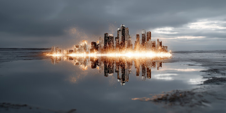 City skyline appears from water with bright lights reflecting during twilight hours