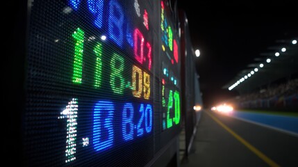 Medium shot of vibrant LED digital scoreboard showing live race progress with dynamic numbers and colorcoded data for enhanced visibility.