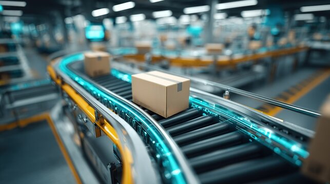 Boxes move along a conveyor belt in a busy warehouse during a work shift in the afternoon
