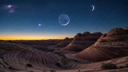 Stunning desert landscape with moons and stars at dusk