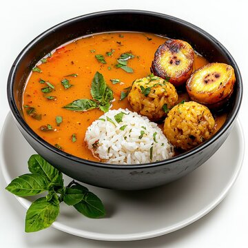 A delicious bowl of Caribbean mondongo soup is presented, featu plantains, rice balls, and fresh herbs, creating a flavorful and vibrant culinary experience.