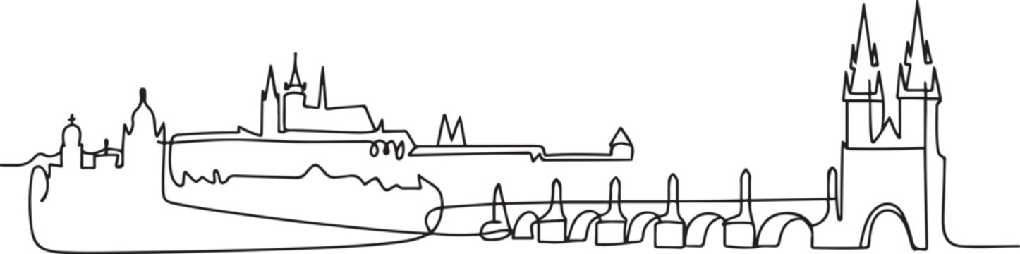 One continuous line drawing of Prague city skyline, Czech Republic. Beautiful landmark. World landscape tourism and travel vacation. one line Icon drawing