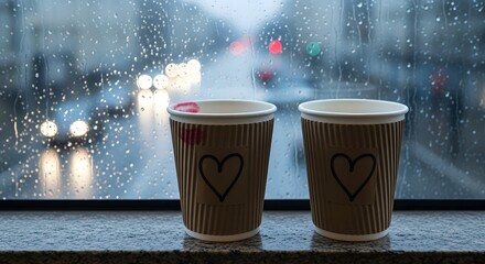 Two coffee cups on a rainy day by the window
