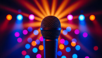 A microphone stands prominently in the foreground of a vibrant stage lit by colorful lights
