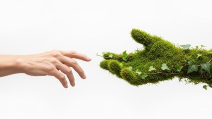 Human hand reaching towards eco friendly moss covered hand