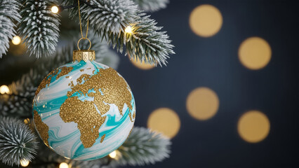 A Christmas tree ornament featuring a globe is hanging from a frosty branch with golden lights and polka dots in the background