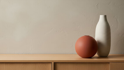 Serene still life with decorative vases and sphere on wooden furniture viewed from the front in a minimalist interior