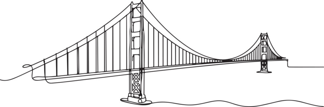 One continuous line drawing Golden Gate Bridge landmark. Iconic place in San Francisco USA. Holiday wall decor home art poster print concept. one line Icon drawing