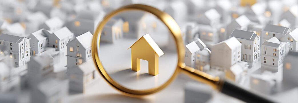 Group of white toy houses with one single golden house under an magnifying glass on white background - 3D illustration