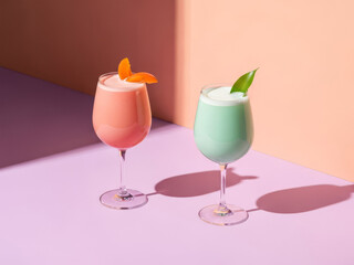 Two colorful cocktails with garnishes on a pastel surface illuminated by dramatic shadows