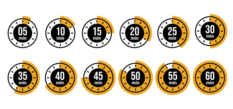 A set of time interval icons, ranging from 5 to 60 minutes, with yellow accents showing a segmented timer on a black-and-white circular background. Each timer represents a different time durations