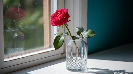 A single vibrant red rose in a decorative glass vase on a windowsill with window reflections