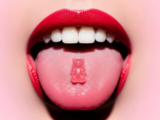 A close-up shot of a person's tongue with a gummy bear on it, showcasing red lips and white teeth in a macro view