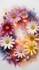 Arrangement of colorful daisy flowers with soft watercolorlike background and bokeh lights