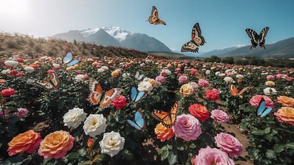 A vibrant field of colorful roses in bloom with numerous butterflies flying freely across the landscape