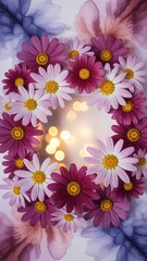 Beautiful arrangement of pink and white daisy flowers forming a circular wreath with bokeh lights in the background