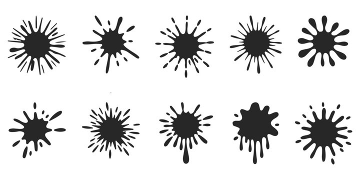 Black vector spray paint splatter elements, graffiti ink dotted splashes, grainy retro style, analog handmade gradients, noise dust dirty drip texture, speckled grit stippled dots spatter. holi colors