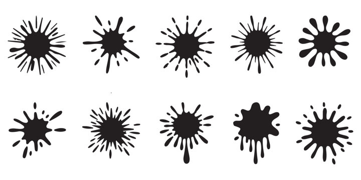Black vector spray paint splatter elements, graffiti ink dotted splashes, grainy retro style, analog handmade gradients, noise dust dirty drip texture, speckled grit stippled dots spatter. holi colors