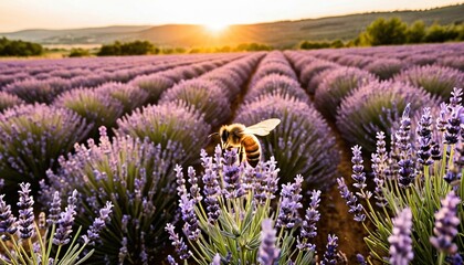 Obraz premium Biene fliegt über ein weites Lavendelfeld bei Sonnenuntergang