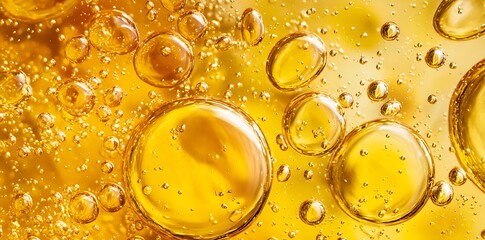 Fototapeta na wymiar Abstract golden background of cosmetic essence or skin cells. 3D rendering of serum or oil capsules with collagen and vitamin ingredients. Moisturizing liquid gel texture macro view