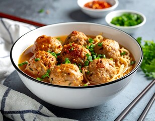 Delicious bowl of meatball noodle soup.