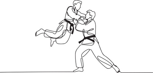 Fototapeta premium One single line drawing of two young energetic judokas fighter men battle fighting at gym center vector graphic illustration. Martial art sport competition concept. one line Icon drawing
