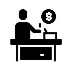 Flat vector icon of a cashier at a desk with a dollar sign, isolated on a white background. Ideal for fintech blogs, retail websites, and banking app interfaces.