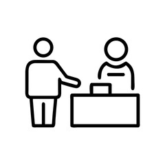 Minimalist line art icon of a person at a service counter with an employee. Ideal for retail blogs or business sites regarding customer service or reception. White, background, isolated.