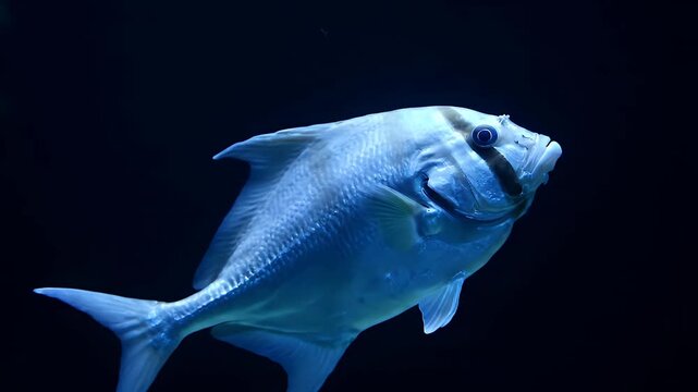 A silvery-blue fish with a dark eye stripe swims gracefully in deep, dark water.
