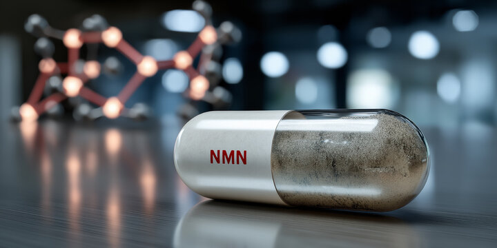 NMN capsule on a table with a blurred background of a molecular structure in a lab environment while light reflects off the surface