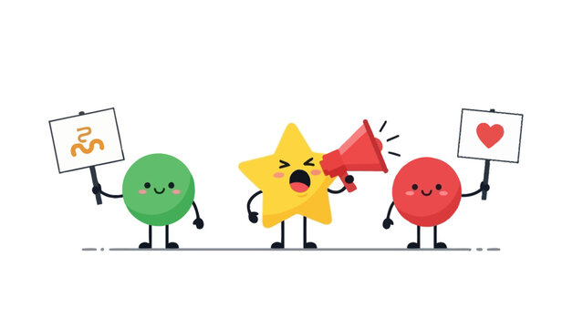 Three cartoon characters holding signs and shouting through a megaphone in a promotional scene