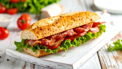 Obraz premium Kaiser roll sandwich with peameal bacon lettuce and tomato on white wood