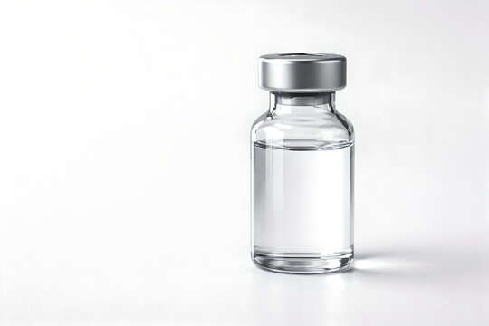 Photorealistic 3D macro product-shot of a single unbranded clear glass medical vial, crisp glass refraction and subtle micro-scratches, clean rim and neck geometry, softbox studio lighting