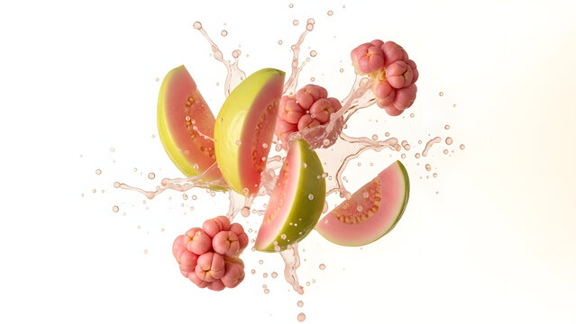 Fresh pink guava slices and whole rose apples splash dramatically with liquid droplets against a clean white background promoting tropical fruit beverage concepts